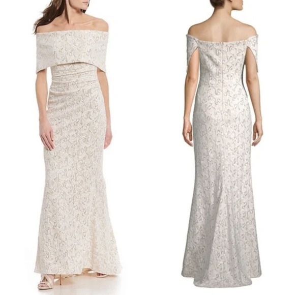 NWT Vince Camuto Off Shoulder Popover Lace Sequin Gown Sz. 0 - Picture 1 of 3